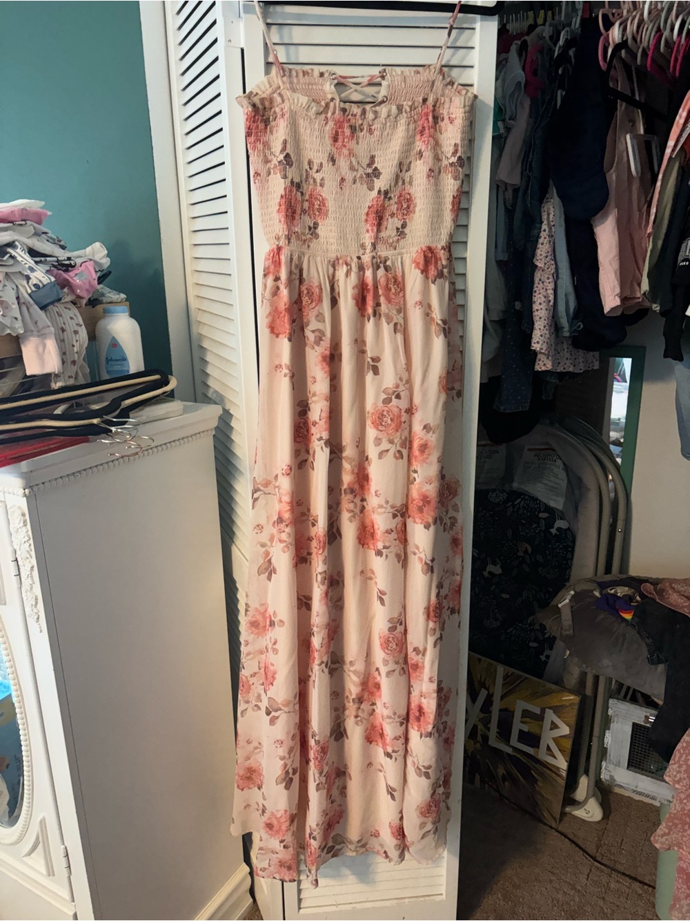 Light pink Floral Maxi Dress with Pink Roses